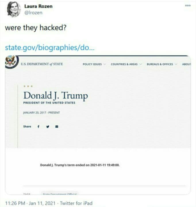 وبگاه وزارت خارجه آمریکا پایان دوران ریاست جمهوری ترامپ را اعلام کرد